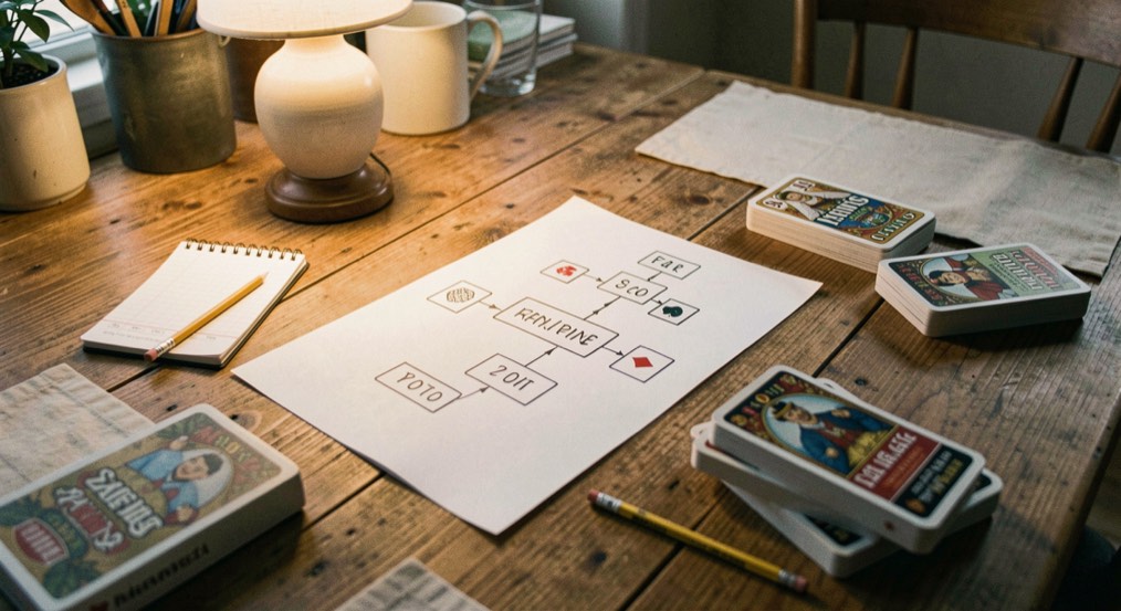 A kitchen table set for a card game with a hand-drawn bracket on a sheet of paper, score pad, pencil and two decks, evening lamplight