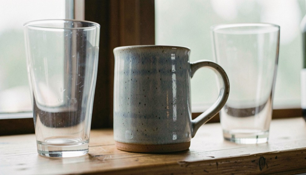 A heavy stoneware mug with a blue-grey glaze on a wooden bar shelf, flanked by two clear pint glasses, soft daylight from a window