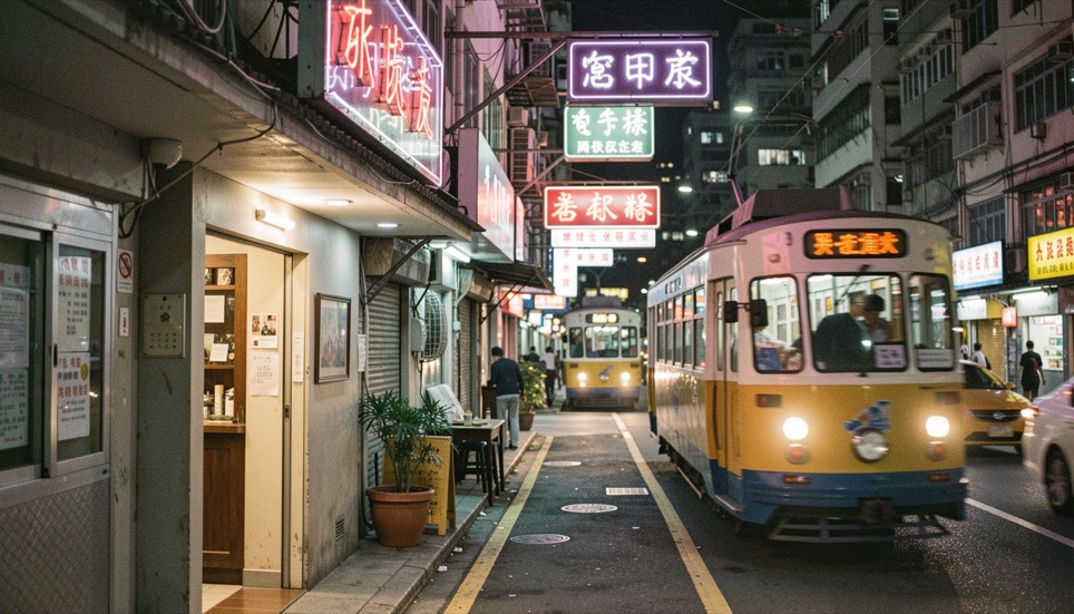 A narrow Hong Kong street at night with neon signs overhead, a small bar entrance with a warm doorway, a tram of evening traffic passing