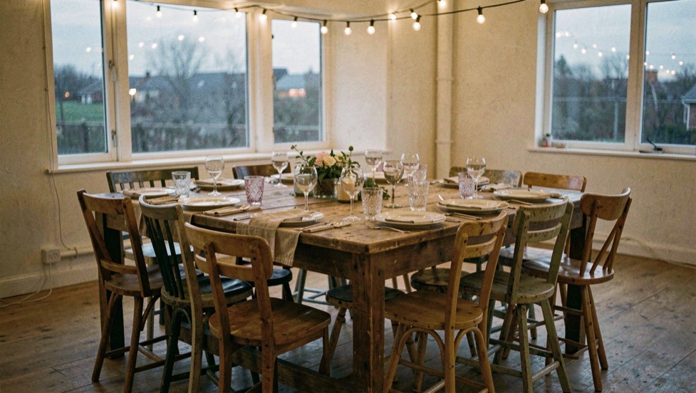 A wooden kitchen table in daylight from a side window, two tulip glasses of pale white wine, a slate board with thin slices of young Gruyère, a basket of country bread and a bowl of walnuts in their shells, shot from just above the near edge of the table.