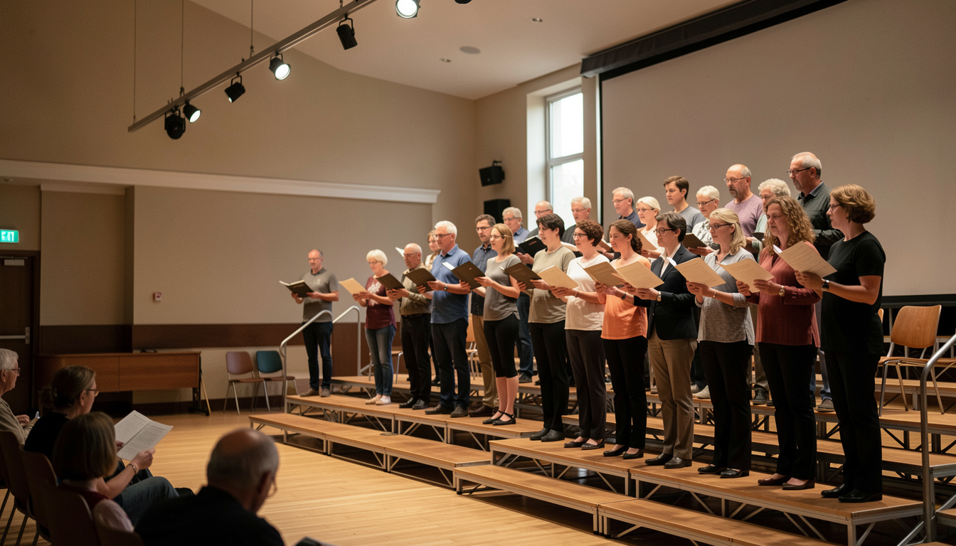 A mixed adult choir standing on risers during an evening rehearsal, scores open in hand, warm overhead light, shot from the side of the hall.'s hands wrapping cheese in paper at the edge of the frame, shot from the customer's side at waist height.