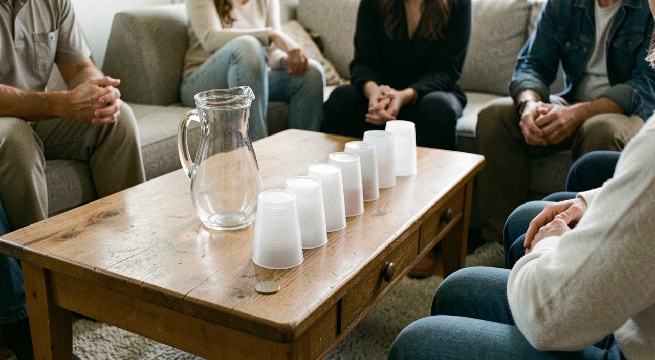 A glass pitcher and a row of plastic cups on a low coffee table, four people seated around it on sofas, a coin resting on the table edge