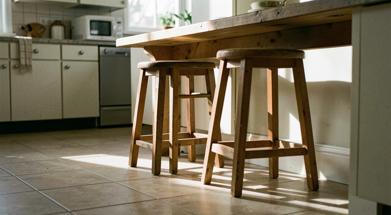 Three wooden stools tucked under the overhang of a kitchen counter, seen from the side at seat height, morning light raking across the floor