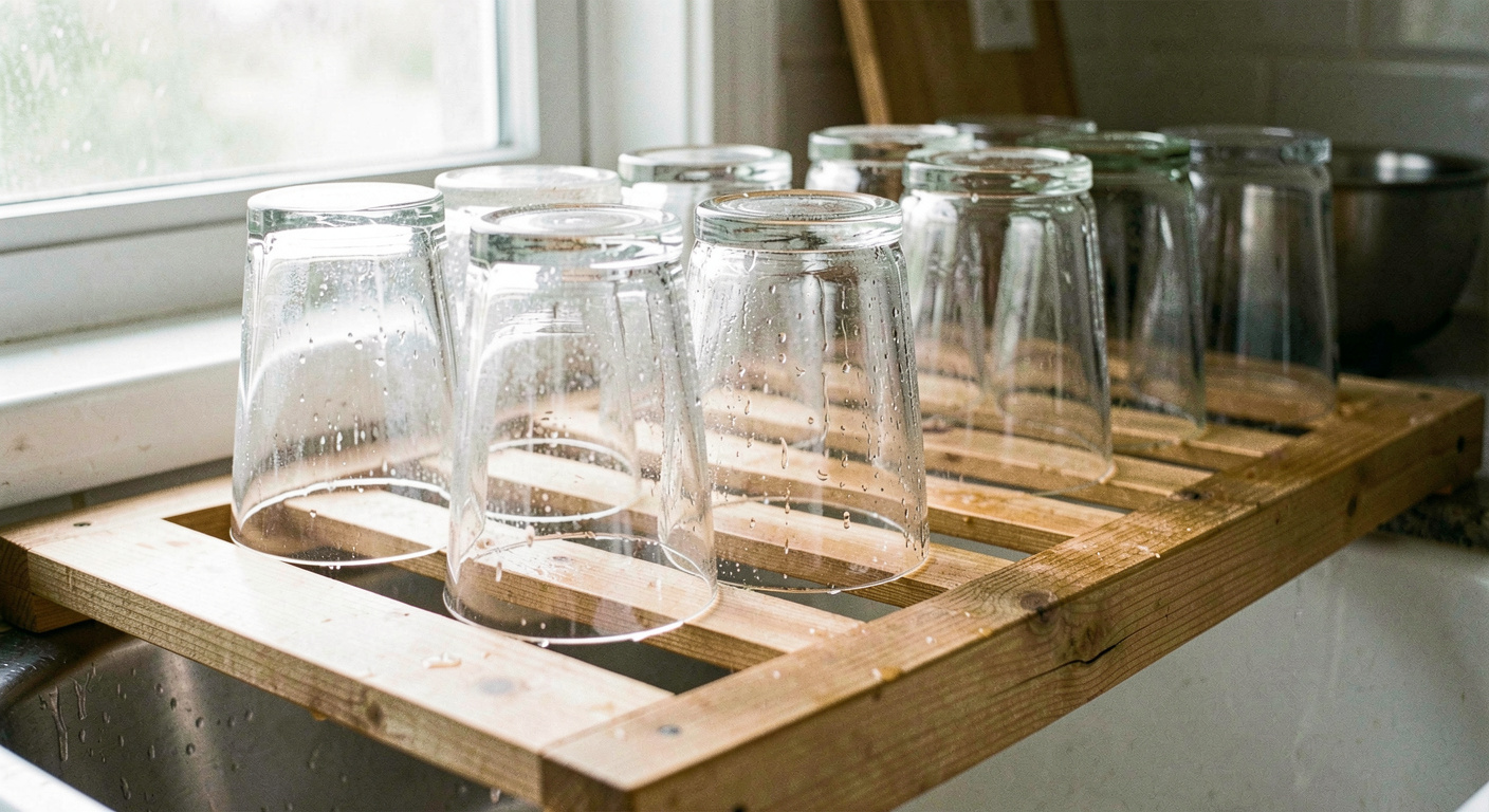 A row of washed beer glasses standing mouth down on a slatted wooden drying rack beside a sink, water beading on the outside, bright morning light