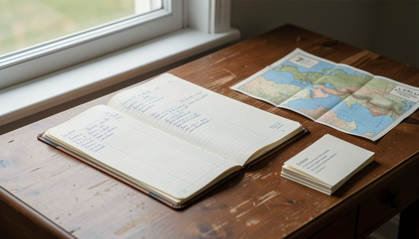 A wooden desk by a window in daylight, an open household ledger with handwritten columns, a folded map and a small stack of letters arranged beside it.'s hands wrapping cheese in paper at the edge of the frame, shot from the customer's side at waist height.
