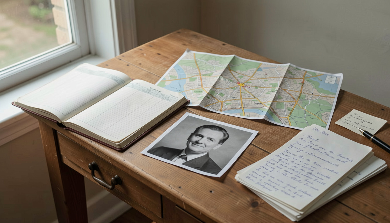A wooden desk by a window in daylight, covered with an open household ledger, a folded street map, a black and white portrait photograph, and a stack of handwritten letters, shot from slightly above.'s hands wrapping cheese in paper at the edge of the frame, shot from the customer's side at waist height.