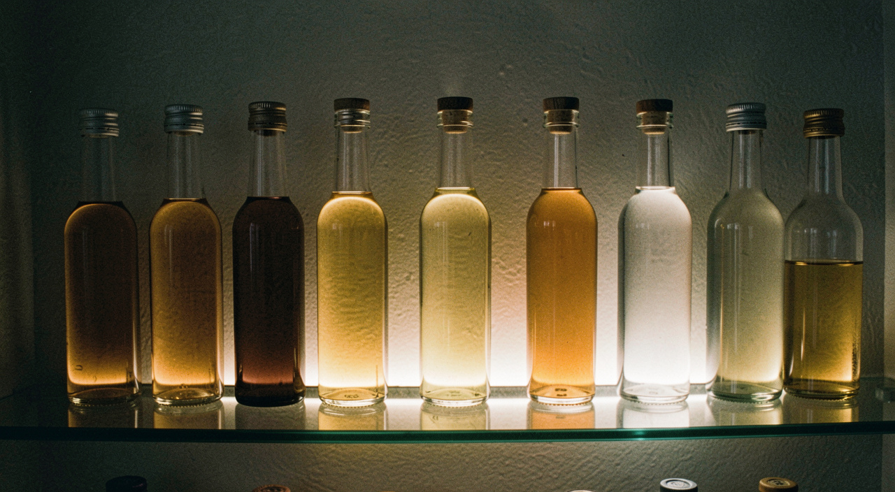 Spirit bottles standing on a glass shelf lit from below, warm light passing up through the liquid, the wall behind them dark, shot straight on from a seated height