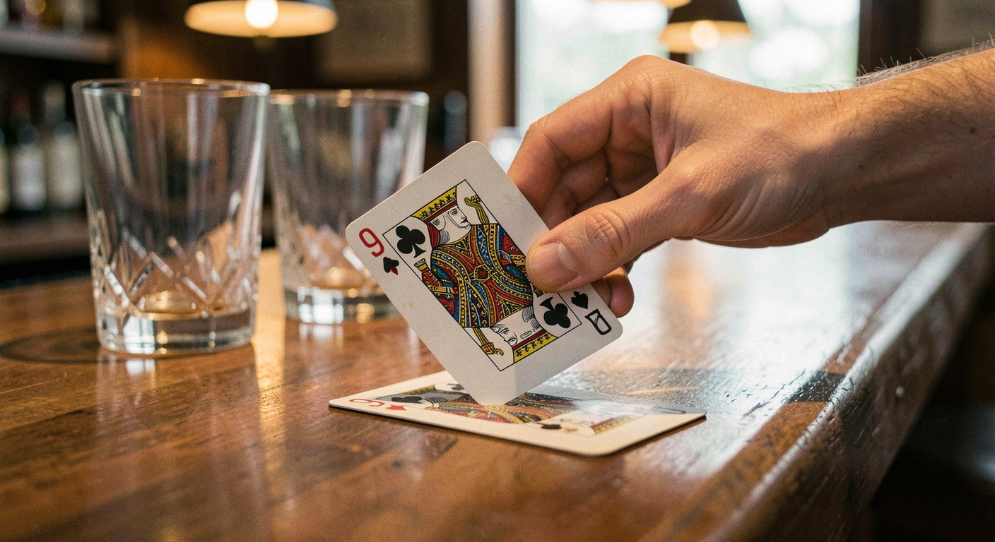 A thumb turning a playing card face up on a polished bar counter with a face up nine already beside it, glasses in soft focus behind, warm downlight