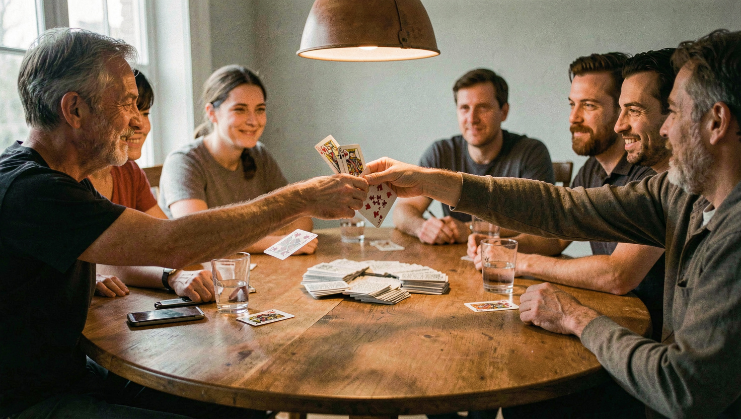 A hand dealing playing cards one at a time around a round wooden table to five seated players, cards mid air, glasses pushed to the outside edge, warm pendant light