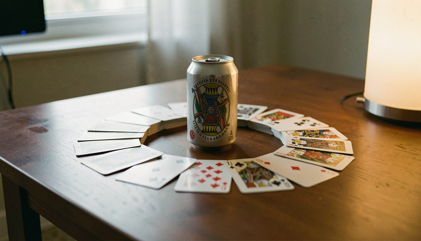 A tight ring of playing cards laid face down around a single can on a coffee table, one card already flipped, lamp light from the right