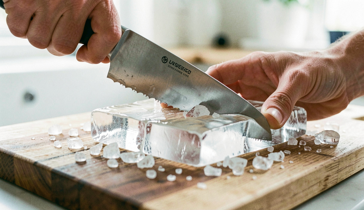 A serrated bread knife scoring a thick clear slab of ice on a wooden board, one hand steadying the slab, chips of ice on the board, bright kitchen light