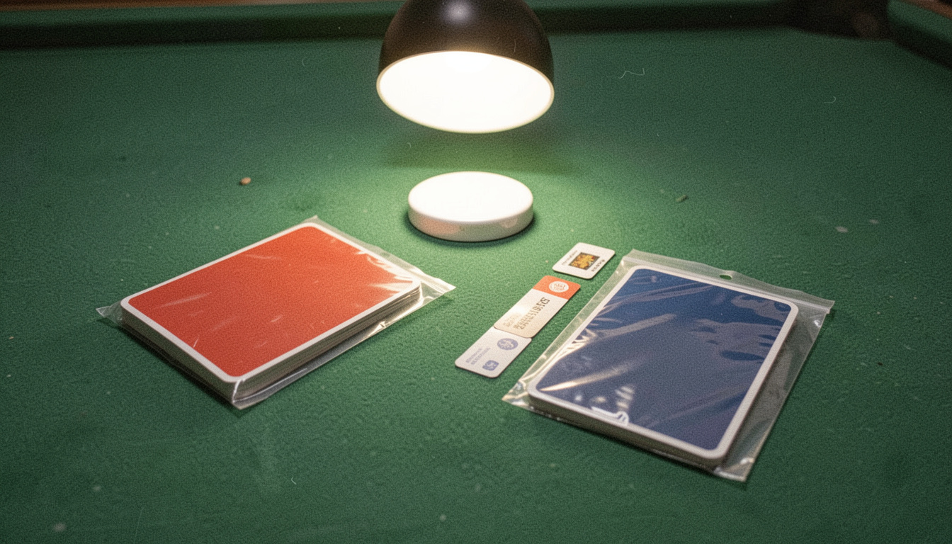 A white dealer button and two sealed decks of plastic cards with red and blue backs lying on green felt beside a cut card, overhead light