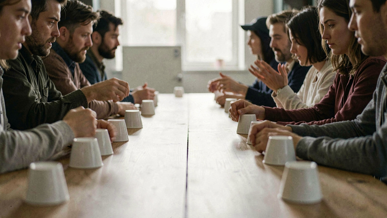 Two rows of people facing each other across a long table, cups upside down at the edge, one person mid flick, motion blur on the hands
