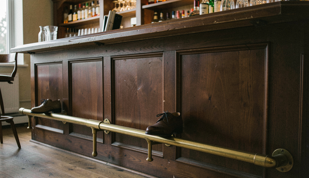 A polished brass tube footrail mounted on brackets along the front of a dark wooden bar, a shoe resting on it, low warm light from the shelves above
