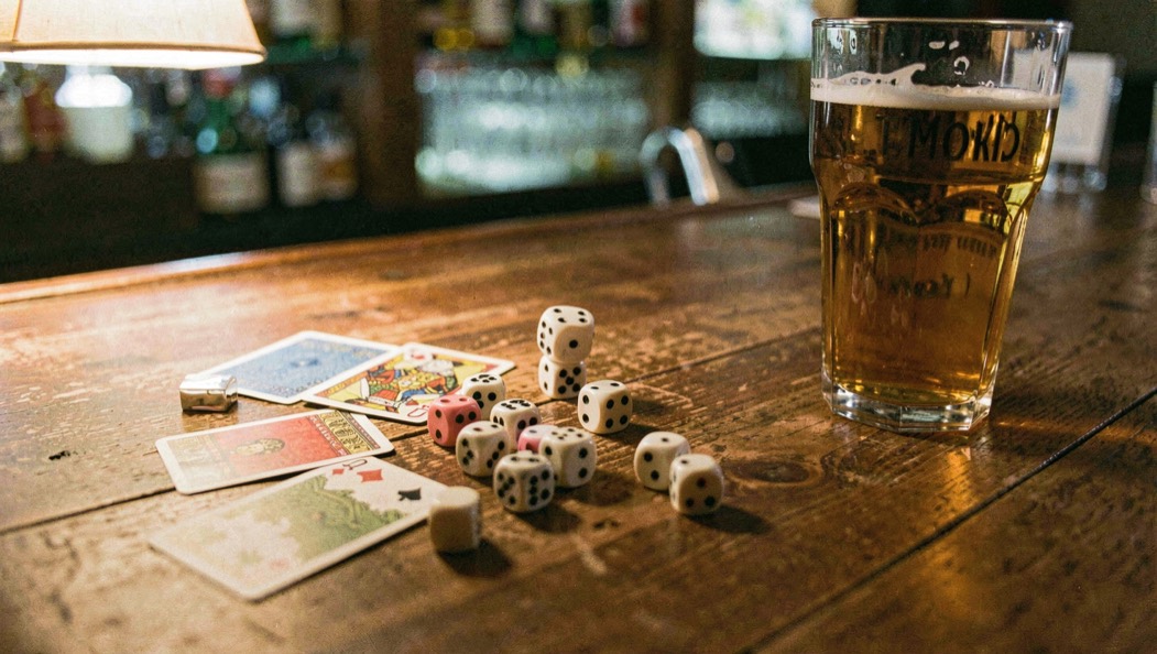 A scatter of dice and playing cards on a wooden bar counter beside a pint glass, one die mid-roll, warm lamplight from the side
