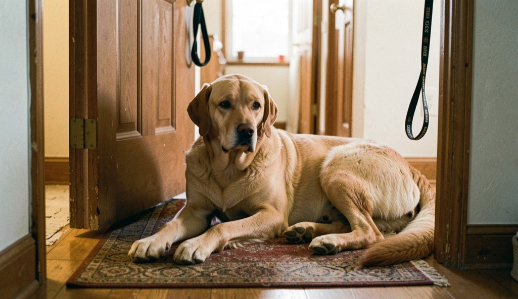 A large calm dog lying on a rug in a hallway beside a closed door, warm interior light, a lead hanging on a hook