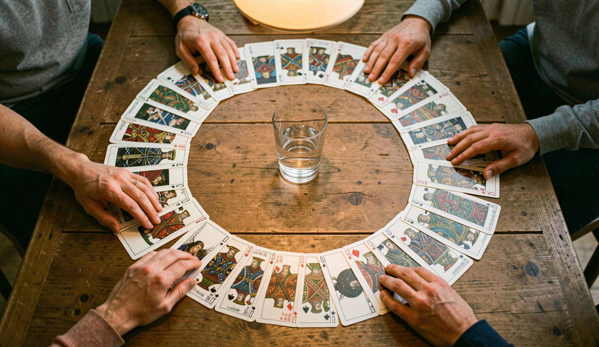 Overhead view of a full deck spread face down in an unbroken ring around a tall glass on a wooden table, four sets of hands resting at the edges, warm pendant light above
