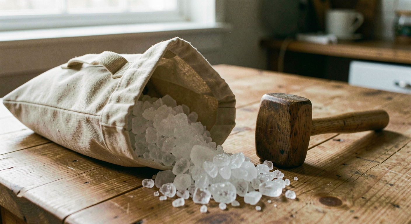 A canvas bag lying on a wooden counter with a wooden mallet beside it and a heap of dry crushed ice tipped out of the open end, soft daylight