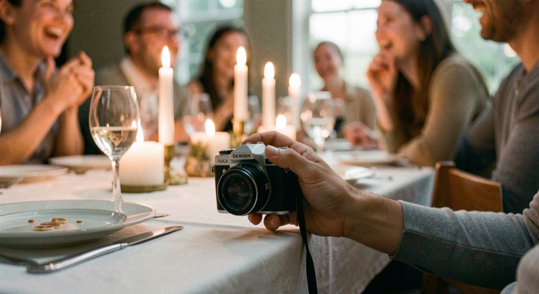 A hand holding a small camera low at the edge of a candlelit dinner table, glasses and plates in soft focus, guests laughing out of focus behind