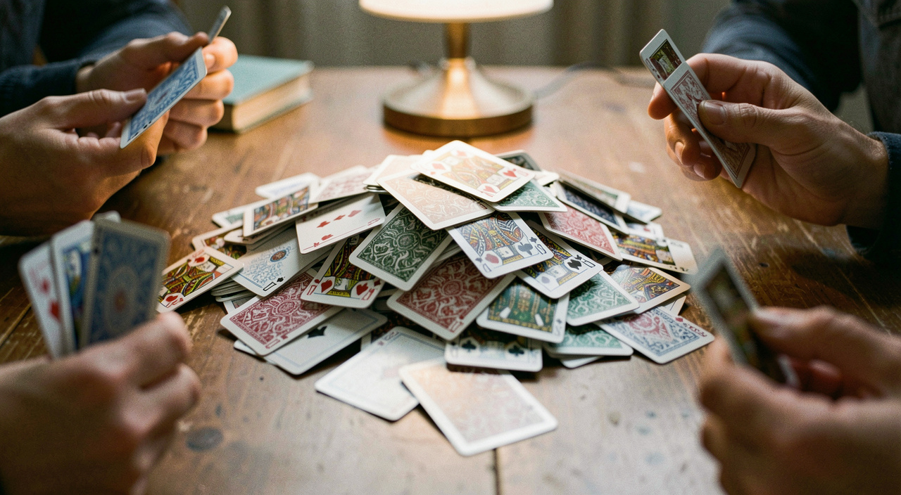 A messy pile of face up played cards heaped in the centre of a table with a pair of kings on top, hands of cards held at the edges of the frame, low lamp light