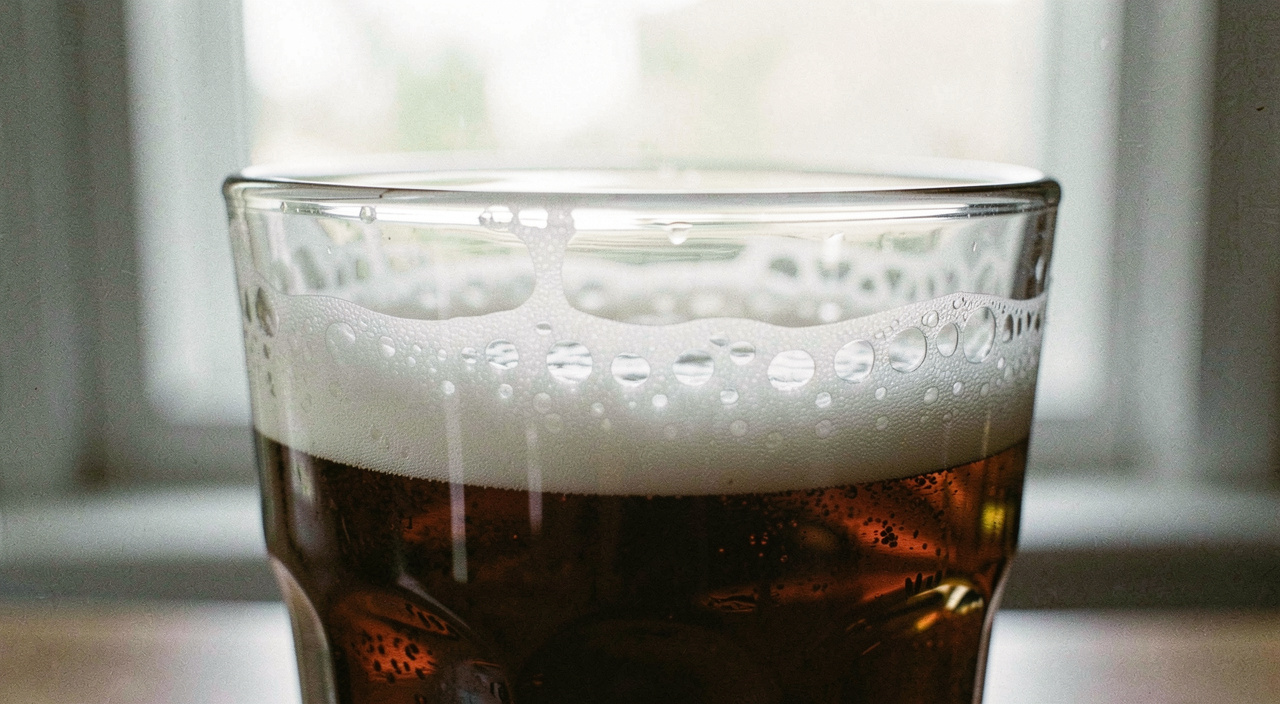 Close up of a pint glass with a dense white head, lacing rings down the inside of the glass, bright window light behind