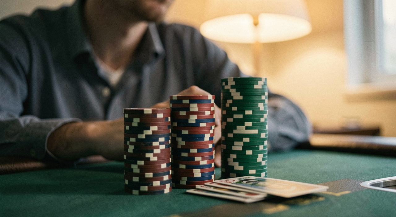 Three neat columns of poker chips in front of a seated player with two cards tucked beneath the shortest stack, shallow depth of field, warm lamp above