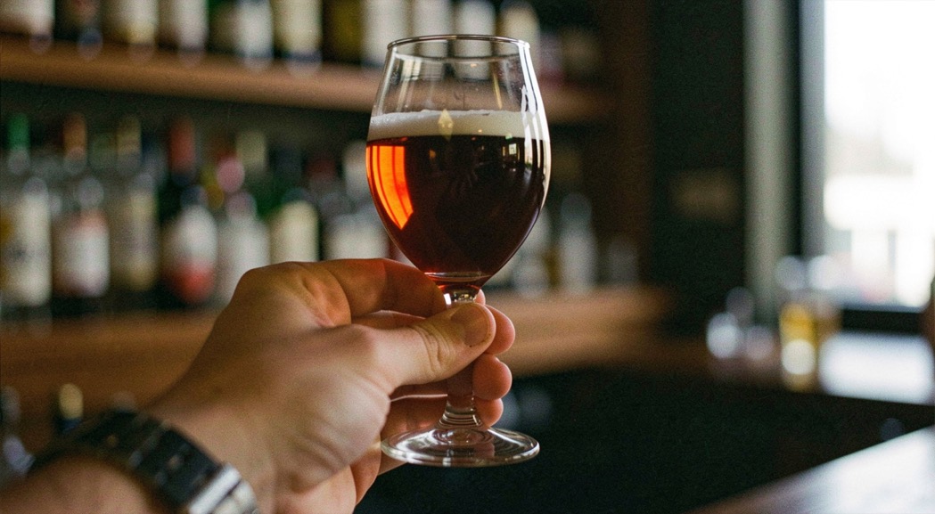 A single stemmed glass of pale riesling on a dark wooden bar top beside a small open bottle of solera vinegar, late afternoon window light from the left, shallow depth of field with the glass in sharp focus.