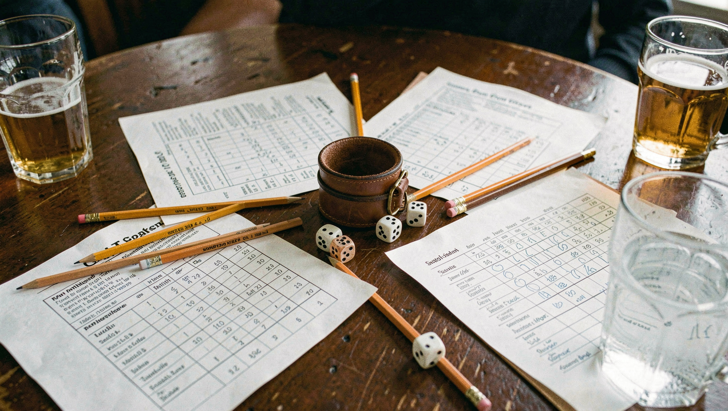 Four printed score sheets with pencils laid around a small leather dice cup on a pub table, dice tipped out beside it, half full glasses at the edge of frame