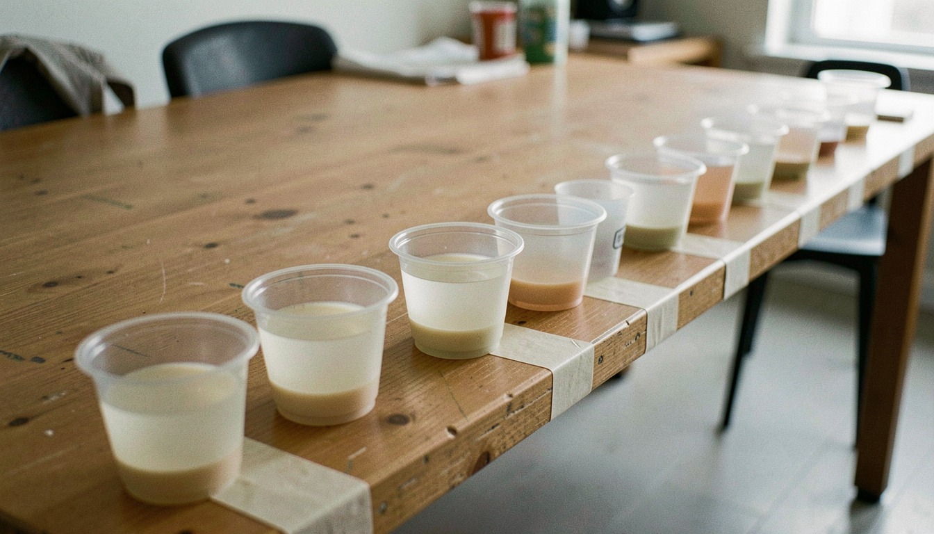 A row of plastic cups spaced evenly along the edge of a long table, each filled to the same shallow level, tape crosses visible on the wood beneath them