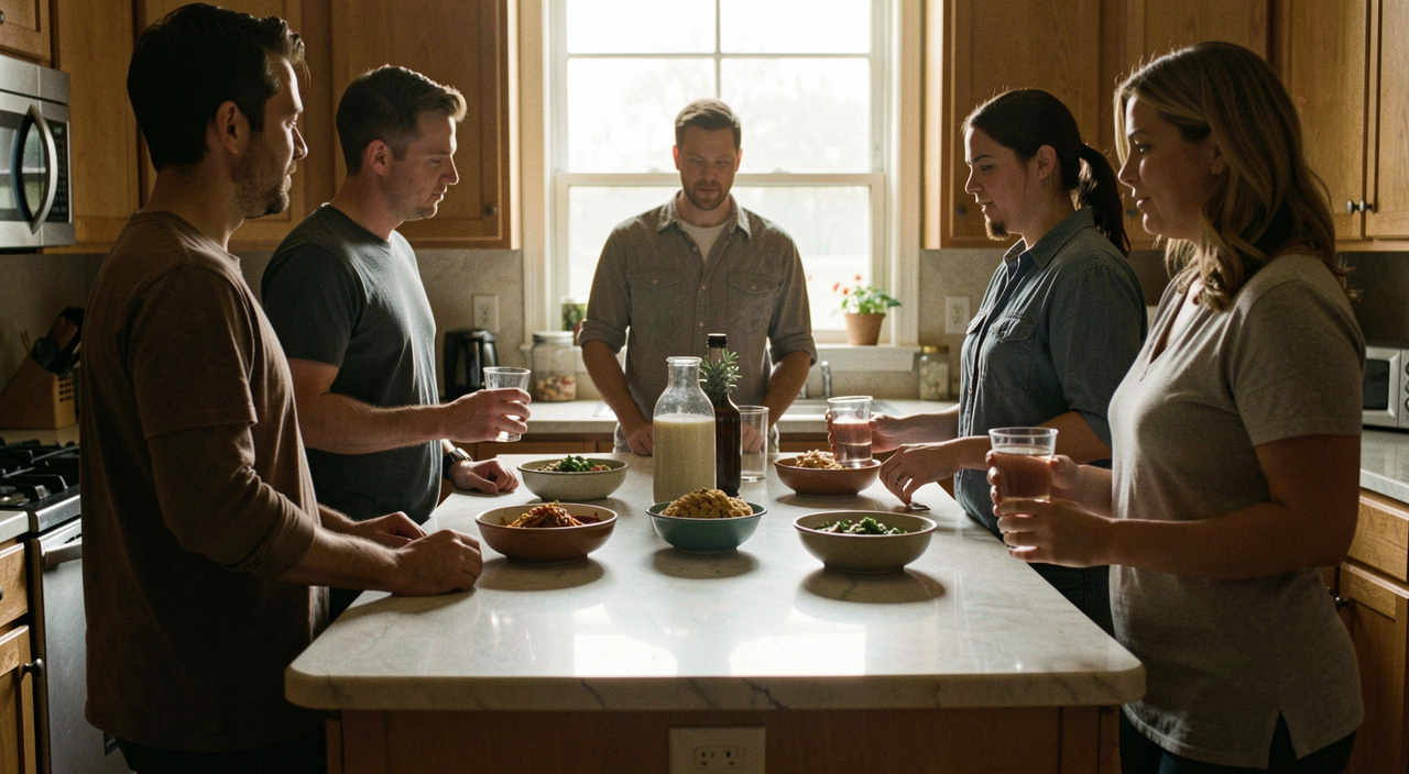 Six people standing around a kitchen island holding glasses, bowls of food between them, one person leaning on the counter, warm evening light from a window behind