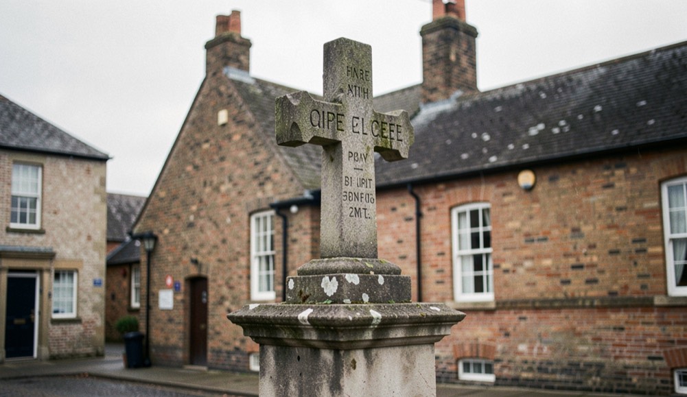 A stone war memorial cross on a small English town square, brewery brickwork and a chimney visible behind, grey morning light