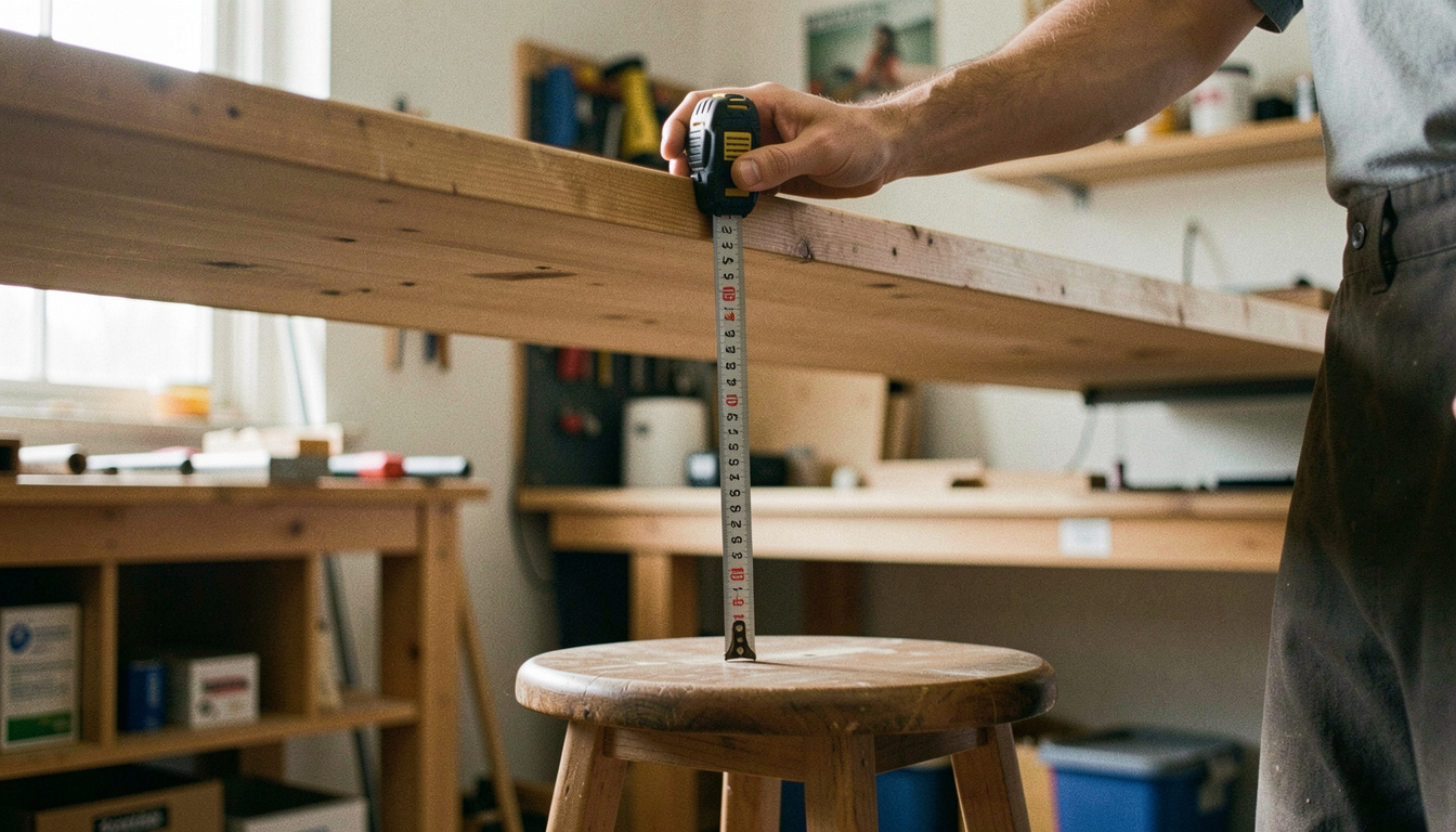 A steel tape measure held vertically from a stool seat up to the underside of a wooden counter overhang, a hand steadying it, workshop light from the left