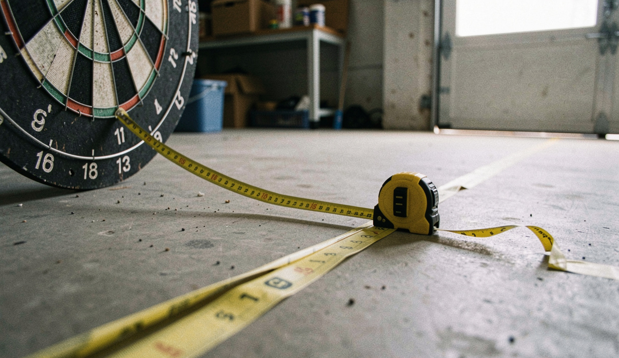A yellow tape measure stretched from the face of a dartboard down to a strip of tape on a concrete floor, board at eye level, garage lit from the side