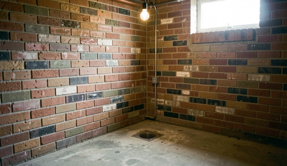 A basement corner with a painted brick wall, a floor drain in the concrete, and a single exposed bulb, cool daylight from a small high window