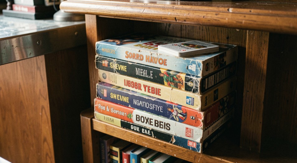 A worn paperback resting face-up on a dark wooden bar counter beside a half-full water glass, late afternoon light from a front window raking across the spine, shot from the customer's side at counter height.