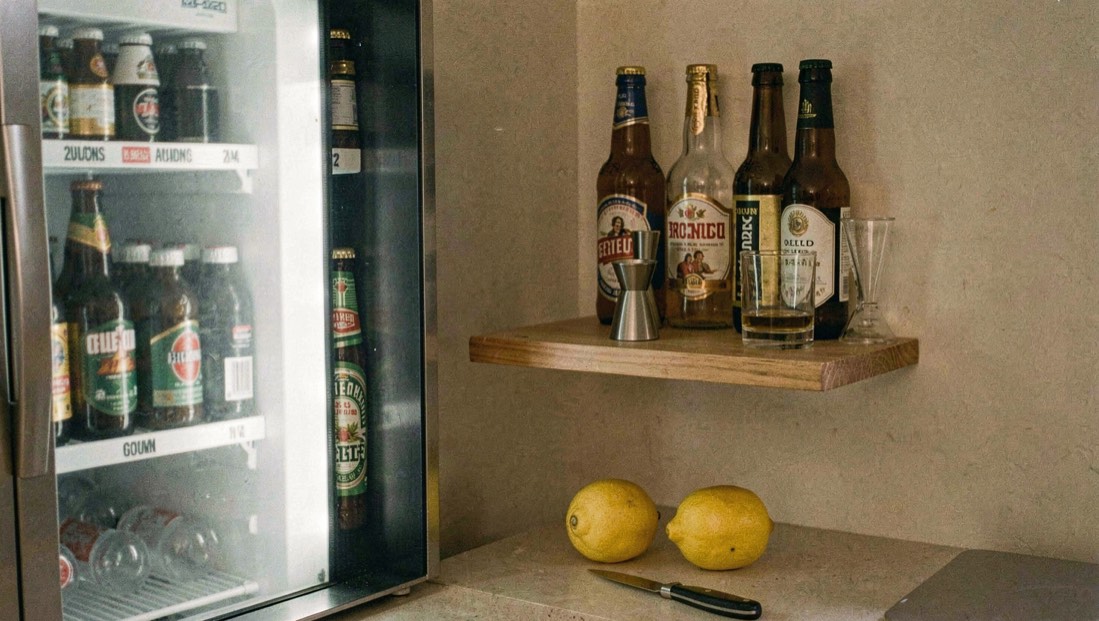 A small shelf beside a beer fridge holding four bottles, a jigger and a mixing glass, a lemon and a paring knife on the counter below, warm evening light