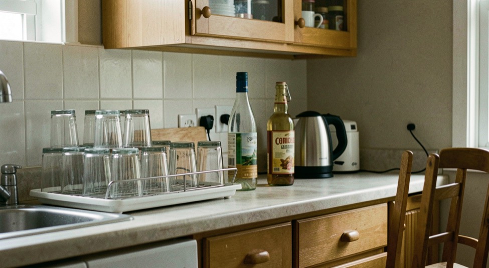 A quiet kitchen in early morning light with empty glasses drying on a rack, an unopened bottle and a kettle on the counter, chairs still out of place