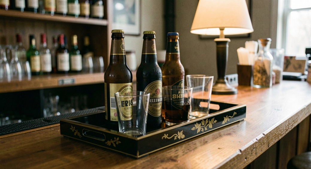 A black and gold painted lacquered tray holding three dark beer bottles and two glasses on a wooden bar counter, warm lamplight