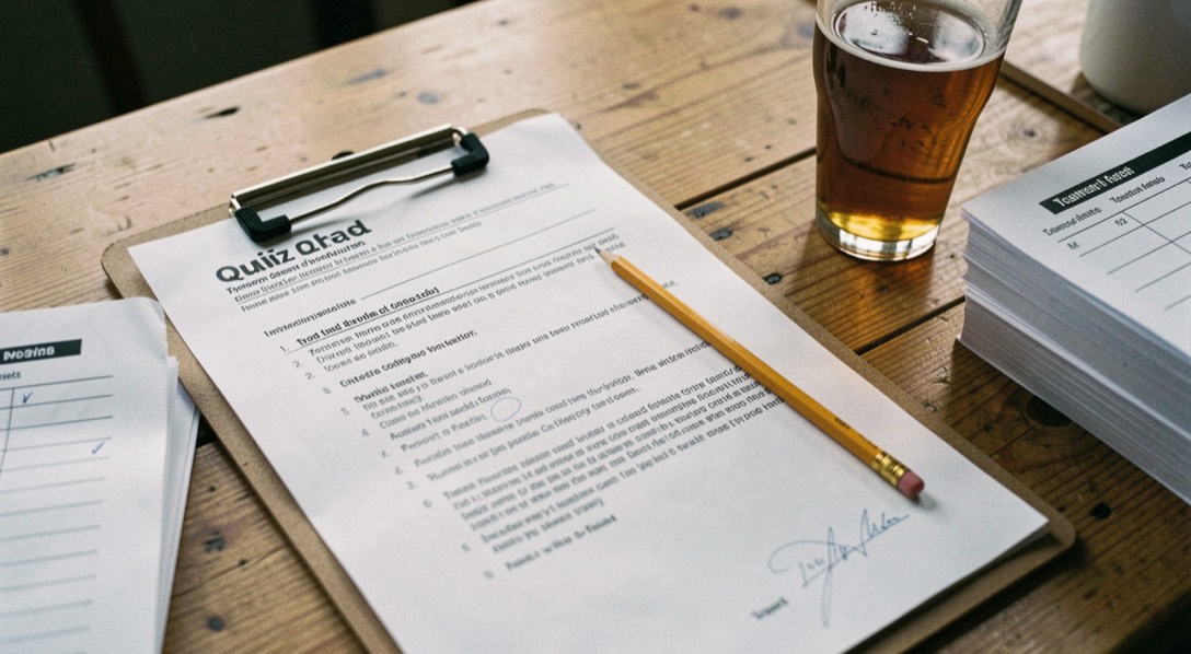 A typed quiz answer sheet on a clipboard on a wooden table, a pencil laid across it, team answer sheets stacked beside, a pint glass at the corner