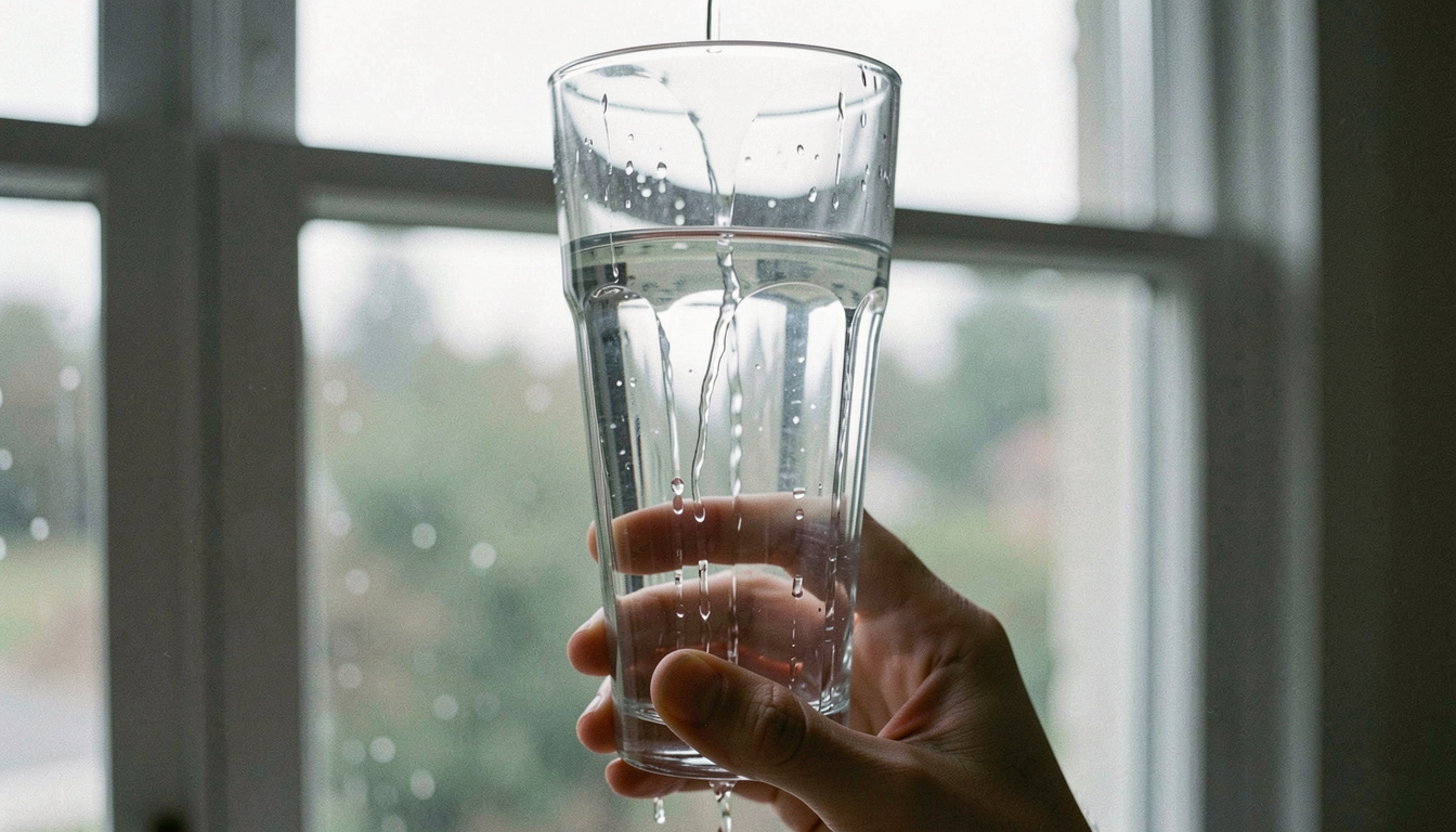 A pint glass held up against a window with water running down the inside in an unbroken sheet, hand gripping the base, cool daylight through the glass