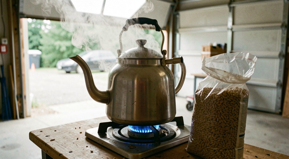 A stainless steel homebrew kettle on a burner with steam rising, a bag of crushed grain beside it, garage door open to daylight
