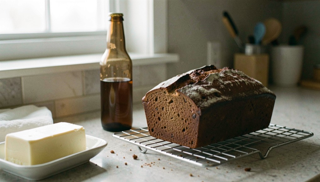 A wooden kitchen counter at midday, a cut loaf of bread on a board beside a glass bowl of brown eggs, one egg turned so its stamped code faces the camera, soft window light from the left, shallow depth of field.